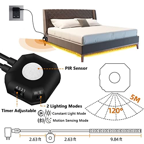 HOUHUI 9.84ft Motion Activated LED Strip Lights, Warm White, Non-Waterproof, USB Powered, with Motion Sensor and Automatic Shut-Off Timer