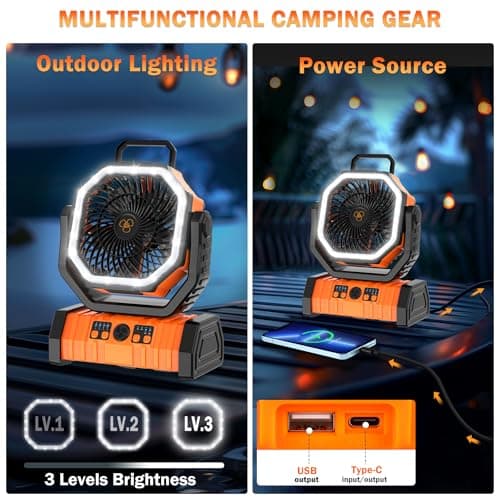 Camping Fan Rechargeable, 20000mAh Large Battery Powered Fan, 4Speed Rechargeable Fan Portable with Remote, Battery Operated Fans with LED Light and Hanging Hook, Cordless Fans for Tent Picnic Outdoor