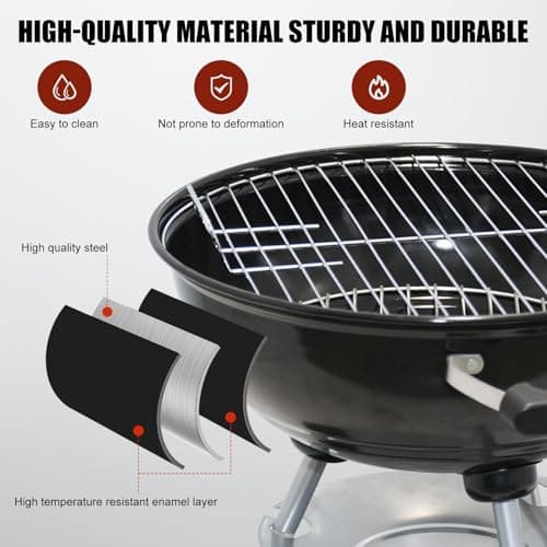 18 inch BBQ Charcoal Grill, Outdoor Portable Grill, Round Kettle Barbecue Grills, Durable & Easy to Assemble, Perfect for Backyard, Camping, Small Patio, Black