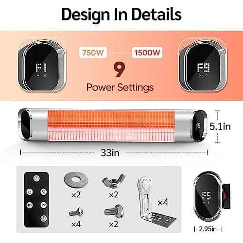 Outdoor Heater for Patio, 24H Timer, IP65 Waterproof, Infrared Electric Patio Heater,9 Levels Heating Touchscreen With Remote Electric heater,Restaurant Backyard,1500W
