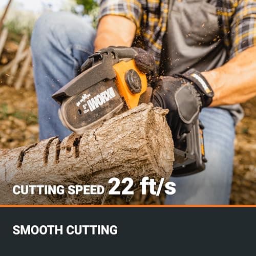 Worx 20V 5" Mini Cordless Chainsaw, 3.9 lbs, 22 ft/s Chain Speed, Power Share Battery, Upper & Hand Guard WG324 - Battery & Charger Included