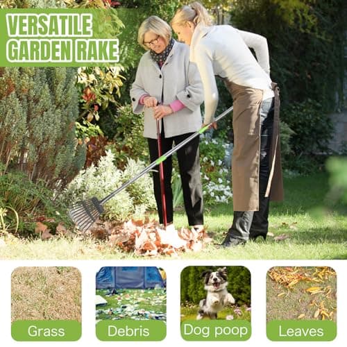 Joyhalo Small Leaf Rake, 8.5 Inch Wide Head with 11 Tines, Metal Garden Rake with Adjustable Handle 38.5 to 65 Inch for Gardening, Leaves, Weeds, Debris