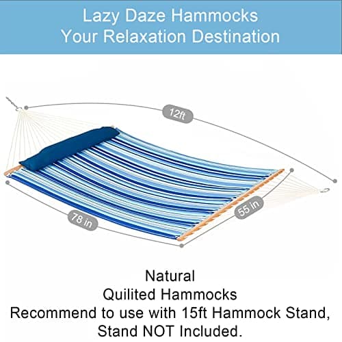 Lazy Daze Hammocks 12 FT Quilted Fabric Double Hammock with Spreader Bars and Detachable Pillow, 450 LBS Weight Capacity, Mixed Blue Stripes