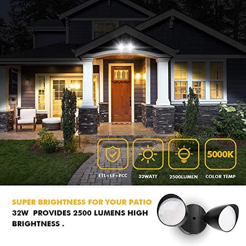 LUTEC 6222B-D2D 2500 Lumen 32 Watt Dusk to Dawn Dual-Head Flood Light Outdoor Waterproof Exterior Security Floodlight Light, Full Metal Design for Patio, Garden, Yard-Black