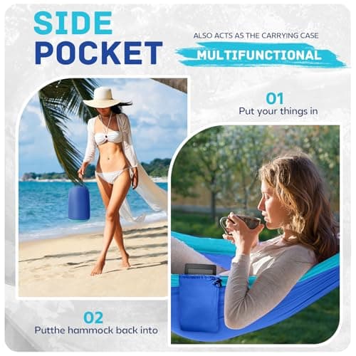 Camping Hammock Lightweight, Portable Hammocks Parachute Hammock with Two Tree Straps, Single or Double Travel Swing Nylon Camp Hammocks, Outdoor Essentials for Beach Backpacking Hiking, Blue
