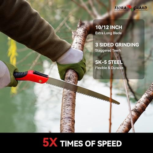 FLORA GUARD 10-Inch Folding Hand Saw, Heavy Duty Pruning Saw with Multi-Level Razer Teeth for Wood Cutting, Tree Trimming, Professional Camping Gardening Tools (Red-10")