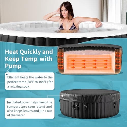 2-4 Person Inflatable Hot Tub, Round Portable Blow up Hot Tub, Leak-Proof PVC Outdoor Spa with 120 Air Jets, Insulated Cover & Heater Pump, 71” X 71” X 25”