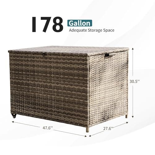178 Gallon Outdoor Storage Box, Patio Deck Box with 2 Wheels, Handle Large Portable Wicker Rattan Deck Box for Patio Furniture Cushions, Throw Pillows, Garden Tools and Pool Floats (Gray)