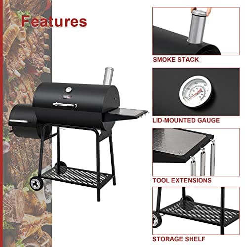 Royal Gourmet CC1830M 30 Inch Barrel Charcoal Grill with Offset Smoker & Warming Rack, Outdoor BBQ Grill with 811 Sq. In. Grilling Space for Backyard, Patio and Parties, Black