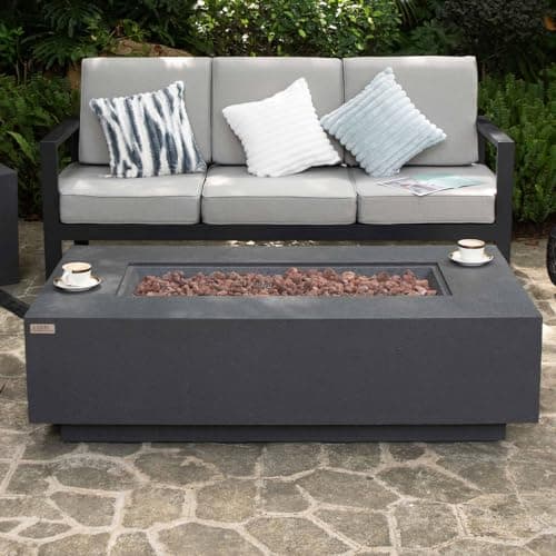 AMS Fireplace | Madison 60"x32" Rectangular Concrete Natural Gas Fire Pit Table | Dark Gray | Travertine (coarse) Texture Surface | Outdoor Patio Heater Electronic Ignition Outside Backyard Fireplace