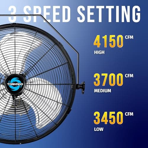 Tornado - 18 Inch High Velocity Industrial Wall Fan with TEAO Enclosure Motor - 4000 CFM - 3 Speed - 6.5 FT Cord - Industrial, Commercial, Residential Use - UL Safety Listed