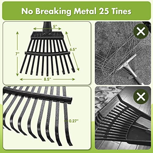 Garden Rake for Leaves Sturdy Metal Small Yard Leaf Rakes for Lawns 60” Length 8.5 Inch Width 11 Tines for Women Men Kids Lightweight with Non-Slip Comfortable Smooth Long Handle
