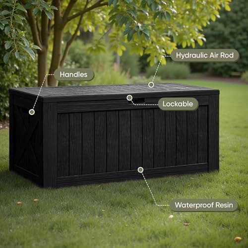 Flamaker Resin Deck Box 120 Gallon Waterproof Large Deck Boxes Plus Outdoor Indoor Storage Box Imitation Wood Resin for Patio Furniture Garden Tools and Pool (Black)