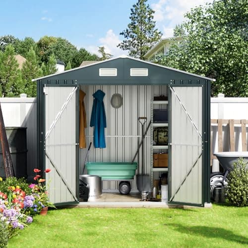 6X8X6.4FT Outdoor Steel Storage Shed with Lockable Doors, Frame Floor (No Wood/Other Boards),One Clear Window,Ideal for Garden, Backyard, Patio Storage