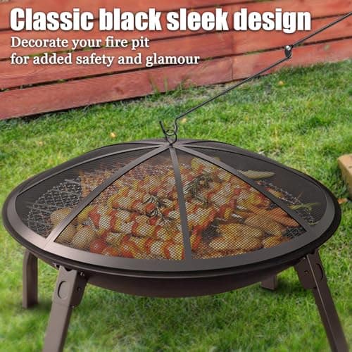 Fire Pit Spark Screen, 24Inch Fire Pit Lid Outdoor with Handle & Poker, Heavy-Duty Mesh Firepit Cove with 12 Reinforced Bars for Backyard/Beach/RV Camping