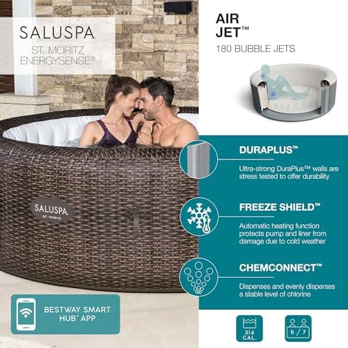 Bestway SaluSpa St Moritz AirJet 5 to 7 Person Inflatable Hot Tub Round Portable Outdoor Spa with 180 AirJets and EnergySense Energy Saving Cover