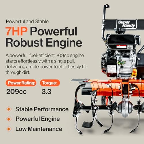 SuperHandy RotoTiller Cultivator 27” Inch Tilling Width 7HP 209cc 4 Stroke Gas Motor 6 Premium Steel Adjustable Forward Rotating Tines for Garden & Lawn, Digging, Weed Removal