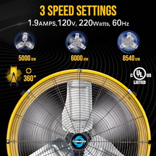 Tornado - 24 Inch High Velocity Heavy Duty Tilt Metal Drum Fan Yellow Commercial, Industrial Use 3 Speed 8540 CFM 1/3 HP 8 FT Cord UL Safety Listed (YELLOW)