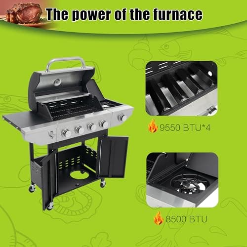 4 Burner Outdoor Propane Gas Grill with Side Burner & Thermometer, Stainless Steel Barbecue Grill with Wheels for Patio BBQ Cooking, Camping