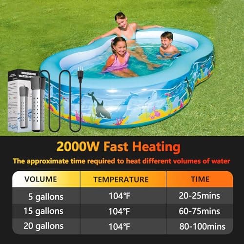 2000W Pool Heater for Inflatable Above Ground Swimming Pool, Immersion Water Heater for Bathtub Automatic Power Off, Submersible Electric Water Heater, Portable Bucket Heater with 304 Stainless Guard