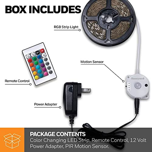 Honeywell 16.4ft Indoor LED Strip Light - Color Changing RGB, Motion Activated with Remote Control - for Bedroom, Kitchen, Dorm, Game Room, Cabinets, Etc - Wall Plug 12 Volt No Battery