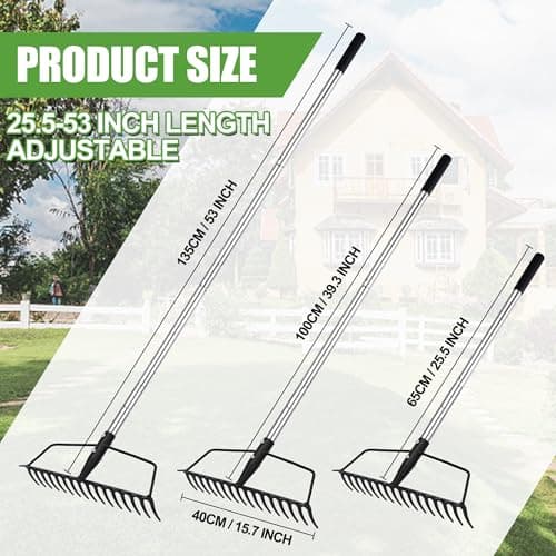 Garden Rake, Carbon Steel Sturdy and Heavy Duty Carbon Rake, Bow Rake with Adjustable Stainless Steel Handle, Long Hand for Loosening Soil Leveling Mulch Gathering Leaf
