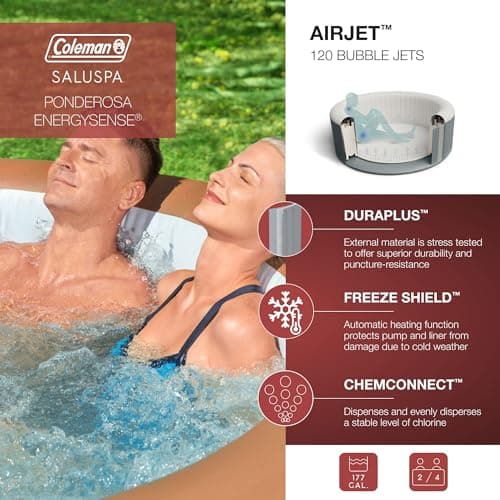 Coleman Ponderosa AirJet 2 to 4 Person Inflatable Hot Tub Round Portable Outdoor Spa w/ 120 AirJets & EnergySense Energy Saving Cover, Orange