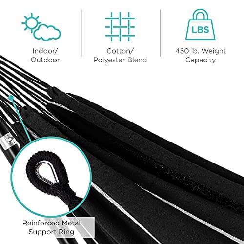 Best Choice Products Double Hammock with Steel Stand, Indoor Outdoor Brazilian-Style Cotton Bed w/Carrying Bag, 2-Person Capacity - Onyx