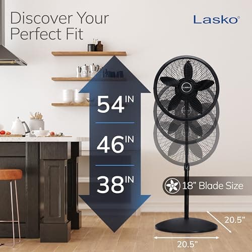 Lasko Oscillating Pedestal Fan, Adjustable Height, 3 Speeds, for Bedroom, Living Room, Home Office and College Dorm Room, 18", Black, 1827