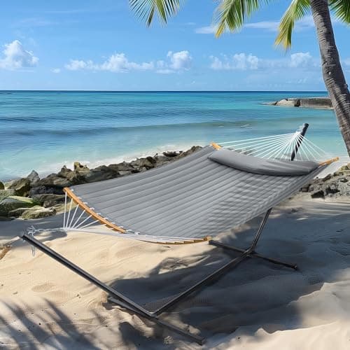 SUPERJARE Hammock with Stand, 2 Person Heavy Duty Hammock Frame, Detachable Pillow & Strong Curved-Bar & Portable Carrying Bag, Perfect for Outdoor & Indoor - Gray