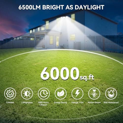 65W LED Security Lights Motion Flood Sensor Lights Outdoor, 6500LM, IP65 Waterproof, 6500K Flood Light Outdoor Motion Detector with Adjustable 3 Head Detected Flood for Entryway Garage, Yard, Porch