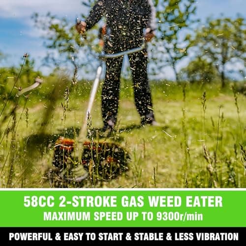 58CC Brush Cutter Gas Powered 2-Cycle 4 in 1 Gas Weed Eater 18.5" Cutting Path Gas Weed Wacker with 4 Detachable Heads Straight Shaft String Trimmer Grass Cutter Machine for Weeds and Grass, Green
