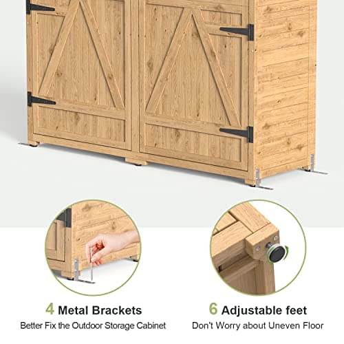 Gizoon Outdoor Storage Cabinet with Waterproof Roof, Double Lockable Doors Garden Shed with 2 Removable Shelves, Wooden Storage Shed with Large Storage Space for Patio, Garden, Backyard, Lawn