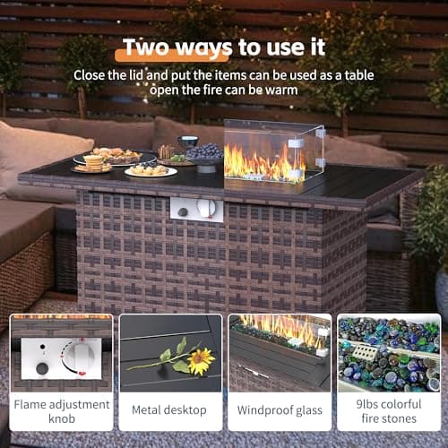 UDPATIO 7 Piece Patio Furniture Set with Fire Pit Table, 8''Wide Armrest Modular Rattan Outdoor Sectional Sofa Set,Wicker Patio Conversation Sets for Backyard,Deck w/ 4'' Cushions,Cover(Brown/Khaki)
