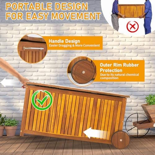 VINGLI 57 Gallon Wooden Outdoor Storage Box, Acacia Patio Storage Deck Box with Wheels, Outdoor Storage Bin Design with Water-Resistant Inner Bag, Garden Organizer Box for Indoors & Outdoors