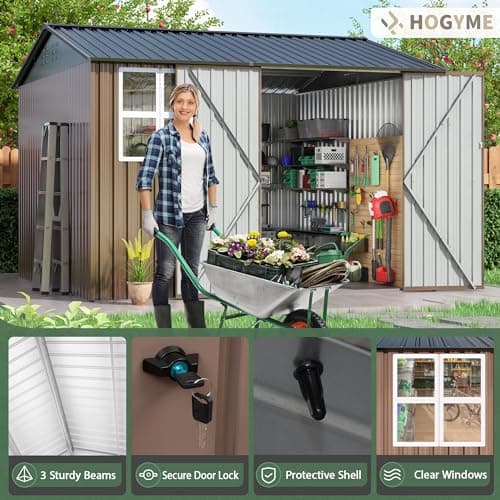 10x10 FT Large Outdoor Storage Shed, Metal Clearance Tiny Home with Windows & Lockable Doors for Backyard Garden, Patio Lawn, Placing Tools/Sundries/Guarder Inhabit/Raise Chickens/Poultry
