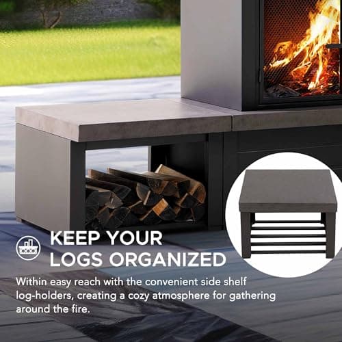 Sunjoy Outdoor Fireplace with Wood Storage and Chimney, Steel Metal Fire Pit with Mesh Spark Screen Door & Fire Poker, Fireplace Tool and PVC Cover, for Patio Garden Deck Backyard, Brown