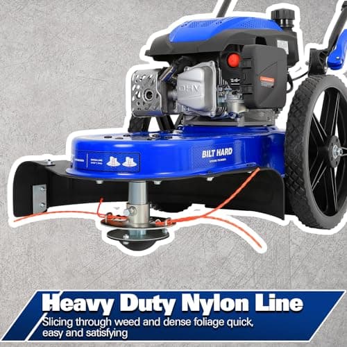 BILT HARD Walk Behind String Trimmer, 170cc 4-Cycle Gas Brush Hog Mower, 22 Inch Cutting Diameter, Push Weed Eater with 14 Inch Flat Free Wheels, Brush Cutter for Farm, Lawn, Yard