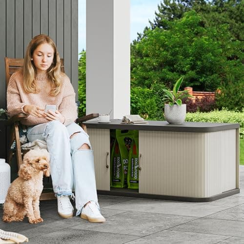 YITAHOME 37 Gallon Outdoor Storage Cabinet w/Sliding Doors, Medium Double-Wall Resin Storage Cabinets, Waterproof Storage Box for Outdoor/Indoor/Garage/Lawn Care, Light Gray