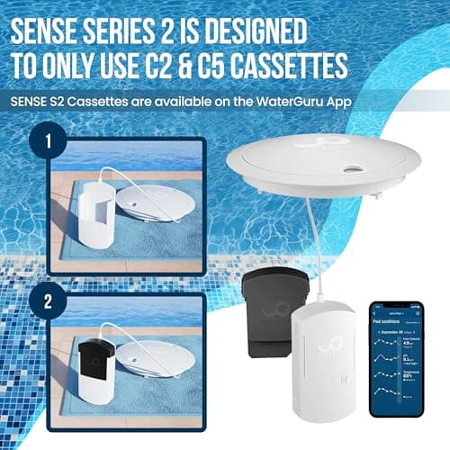 Waterguru - Sense S2 Smart Pool Monitor - Chlorine & pH Meter - CYA & Alkalinity Tester Pool Water Tester - Spa & Hot Tub Monitor - Includes WaterGuru Sense S2 C5 Cassette, Float Ring & More