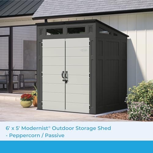 Suncast 6' x 5' Modernist Storage Shed for Yard Storage, All-Weather Outdoor Storage Shed with 2 Lockable Doors and Windows, Peppercorn, Made in The USA