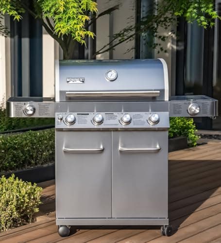 Monument Grills Larger 4-Burner Propane Gas Grills Stainless Steel Cabinet Style with Side & Side Sear Burners, Built-In Thermometer, and Knob Controls