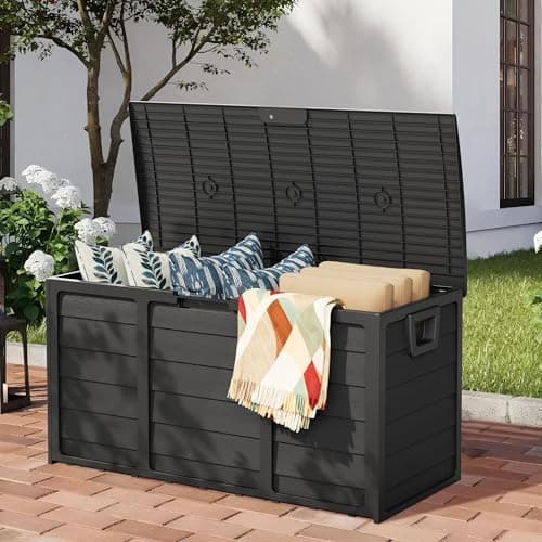 SUNCROWN 75 Gallon Deck Storage Box Resin Outdoor Storage Container with Handles for Patio Garden Yard, Black, Black