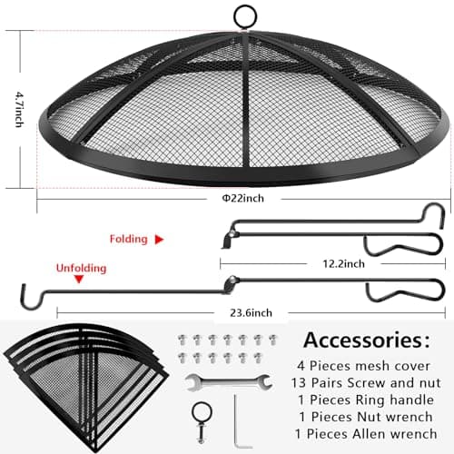 Fire Pit Spark Screen, Fire Pit Screen 22 Inch Round with Handle & Poker, Collapsible Heavy Duty Mesh Fire Pit Cover Fire Pit Lid for Outdoor/Patio/Backyard/RV Camping/Beach