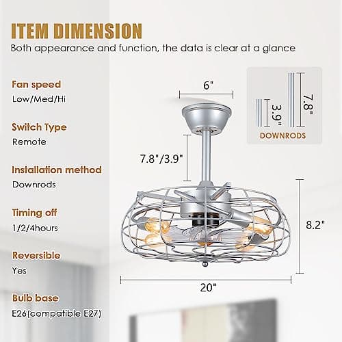 Asyko Outdoor Caged Ceiling Fans with Lights - Bladeless Low Profile Ceiling Fan Light with Remote, 19" Enclosed Ceiling Fan for Covered Outdoor