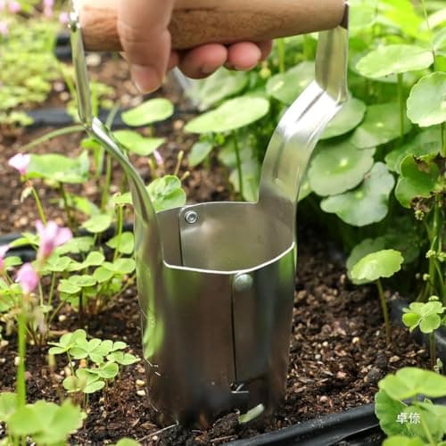 Bulb Planter Tool, 4 Inches Depth Mark Hand Bulb Planter, Non-Bending Stainless Steel Bulb Planter Digger, Garden Bulb Transplanter with Comfortable Grip Wooden Handle for Tulip and Daffodils
