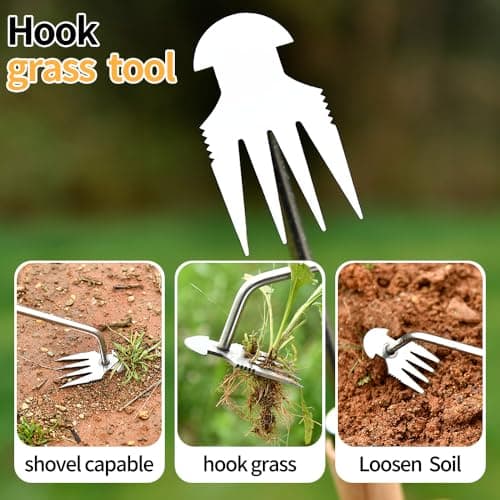 Weed Puller Tool，2024 New Garden Weeder Tool Stainless Steel Hand Weeder Tool,4 Teethes Dual Purpose Weed Remover Tool Weeding Tools for Gardening (Rubber Handle)