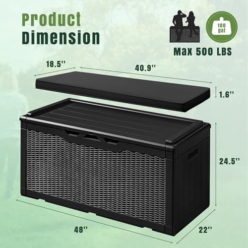 Greesum 100 Gallon Resin Deck Box Large Outdoor Storage with Cushions for Patio Furniture, Garden Tools, Pool Supplies, Weatherproof and UV Resistant, Lockable, Black