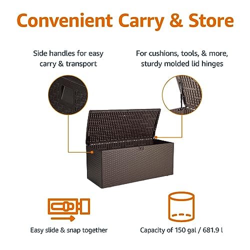 Amazon Basics Outdoor Patio Storage Box 150 Gallon Deck Box, Waterproof and Weather-resistant, Furniture Cushions Garden Tools, Brown