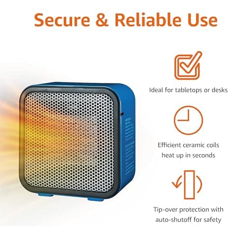Amazon Basics Ceramic Space Heater, Mini Heater for Office Desk, Portable Tent Heater for Camping (Indoor Use), 500 W, With Tip-Over Protection, Lightweight (1.4 LBS), Blue, 5.9 x 3.2 x 6 inches